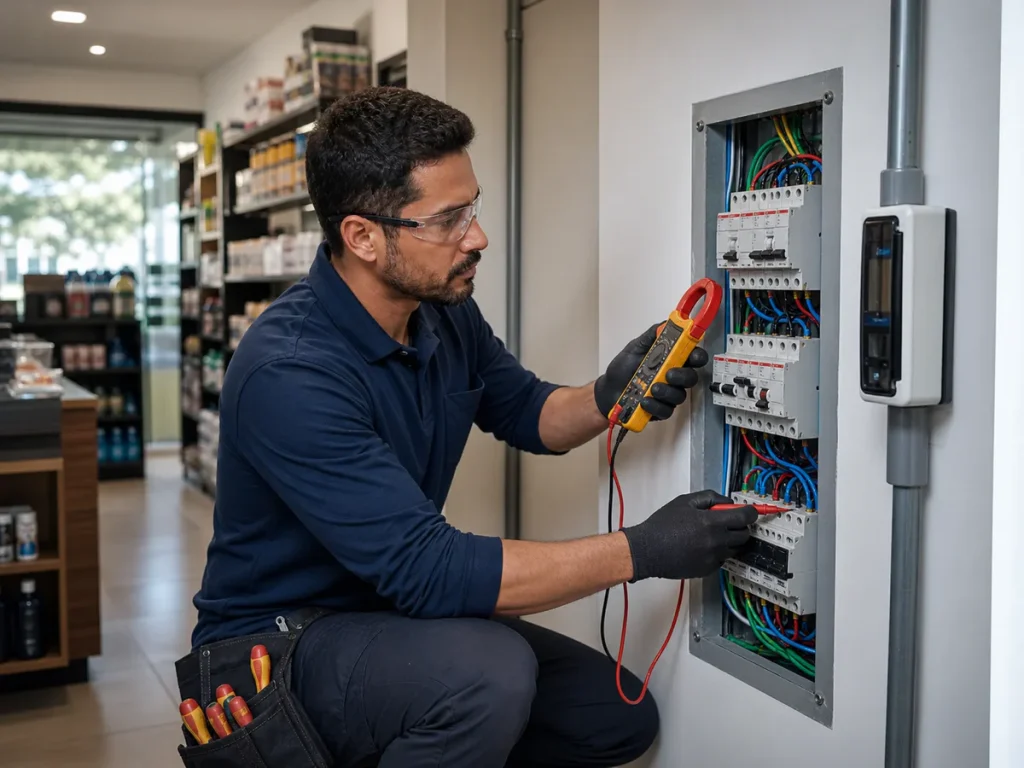 Eletricista verificando quadro elétrico de comércio em Araraquara