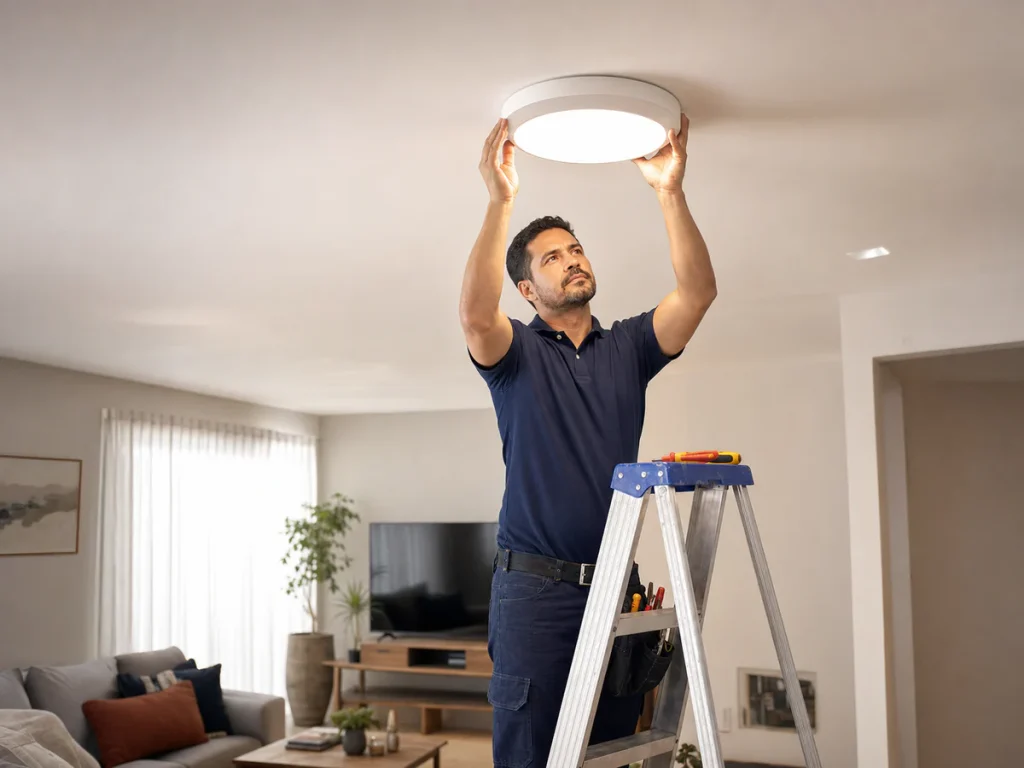 Eletricista instalando luminária LED em residência em Araraquara