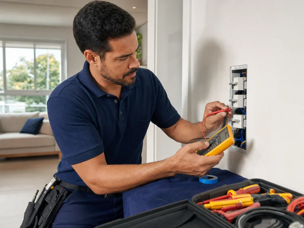 Eletricista realizando manutenção e reparo elétrico residencial em Araraquara