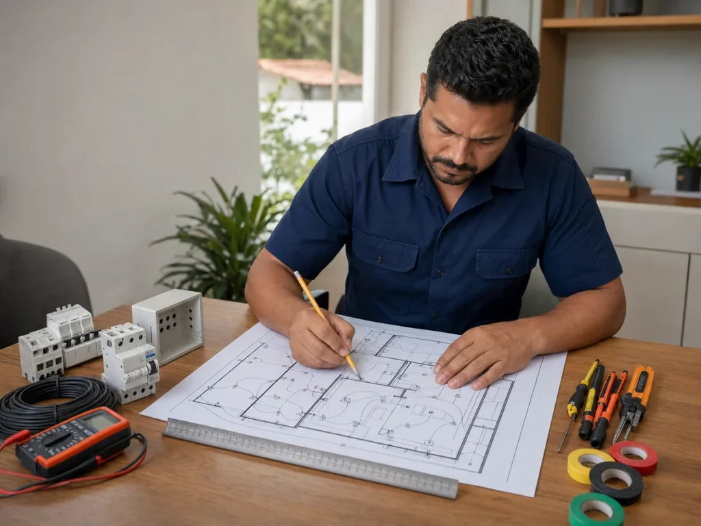Eletricista planejando projeto elétrico residencial em Araraquara