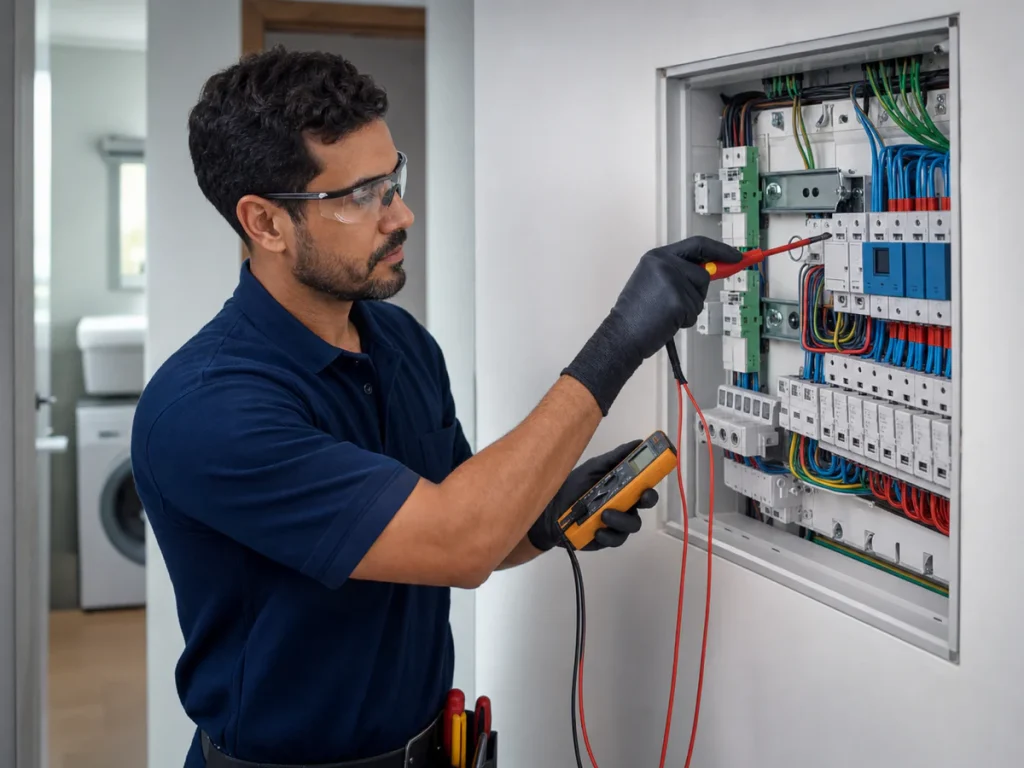 Eletricista verificando quadro de distribuição e disjuntores em Araraquara