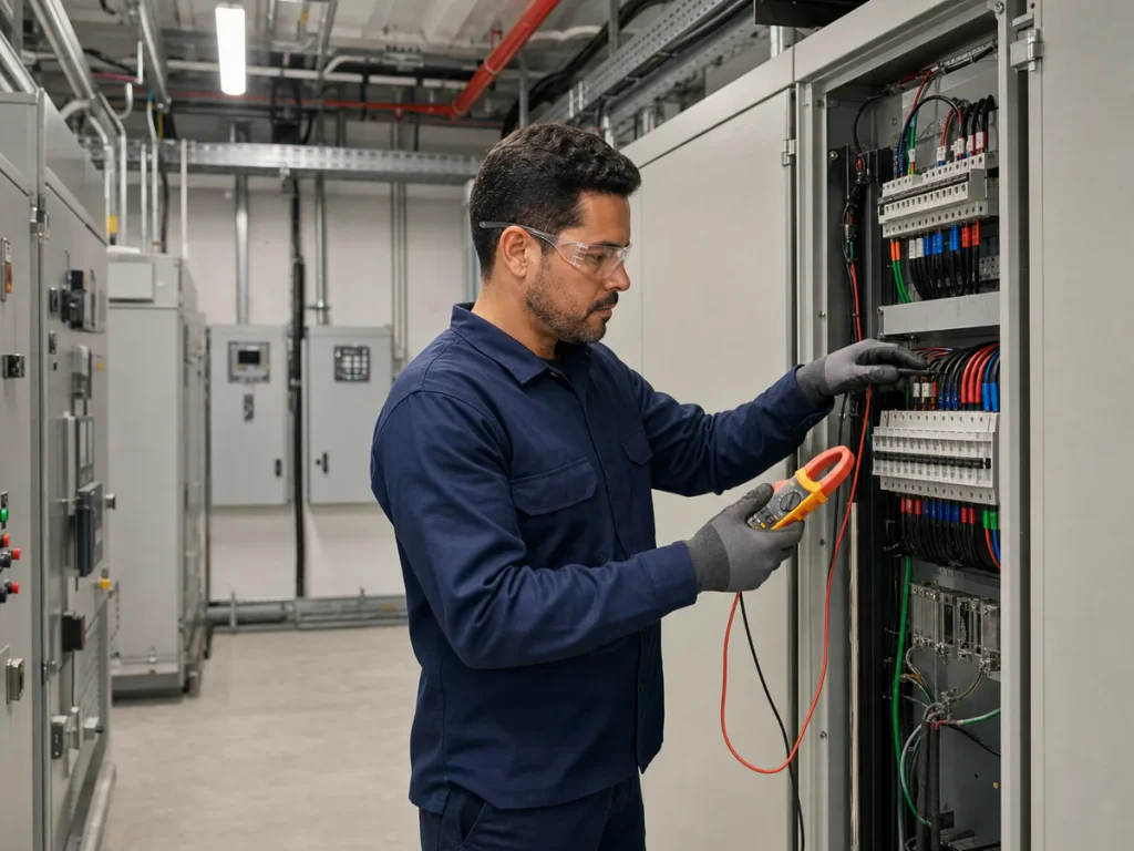 Eletricista inspecionando painel elétrico industrial e predial em Araraquara