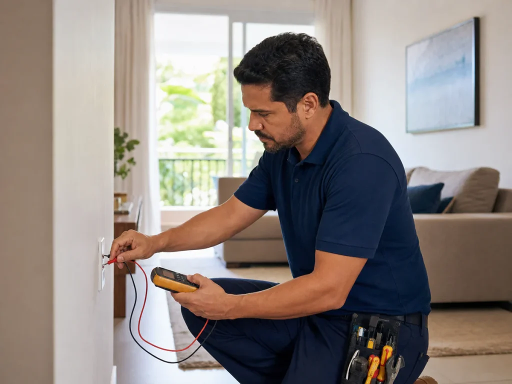 Eletricista realizando diagnóstico em tomada residencial em Araraquara